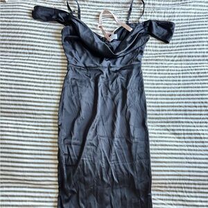 Oh Polly Black Ruched Off-Shoulder Bodycon Midi Dress